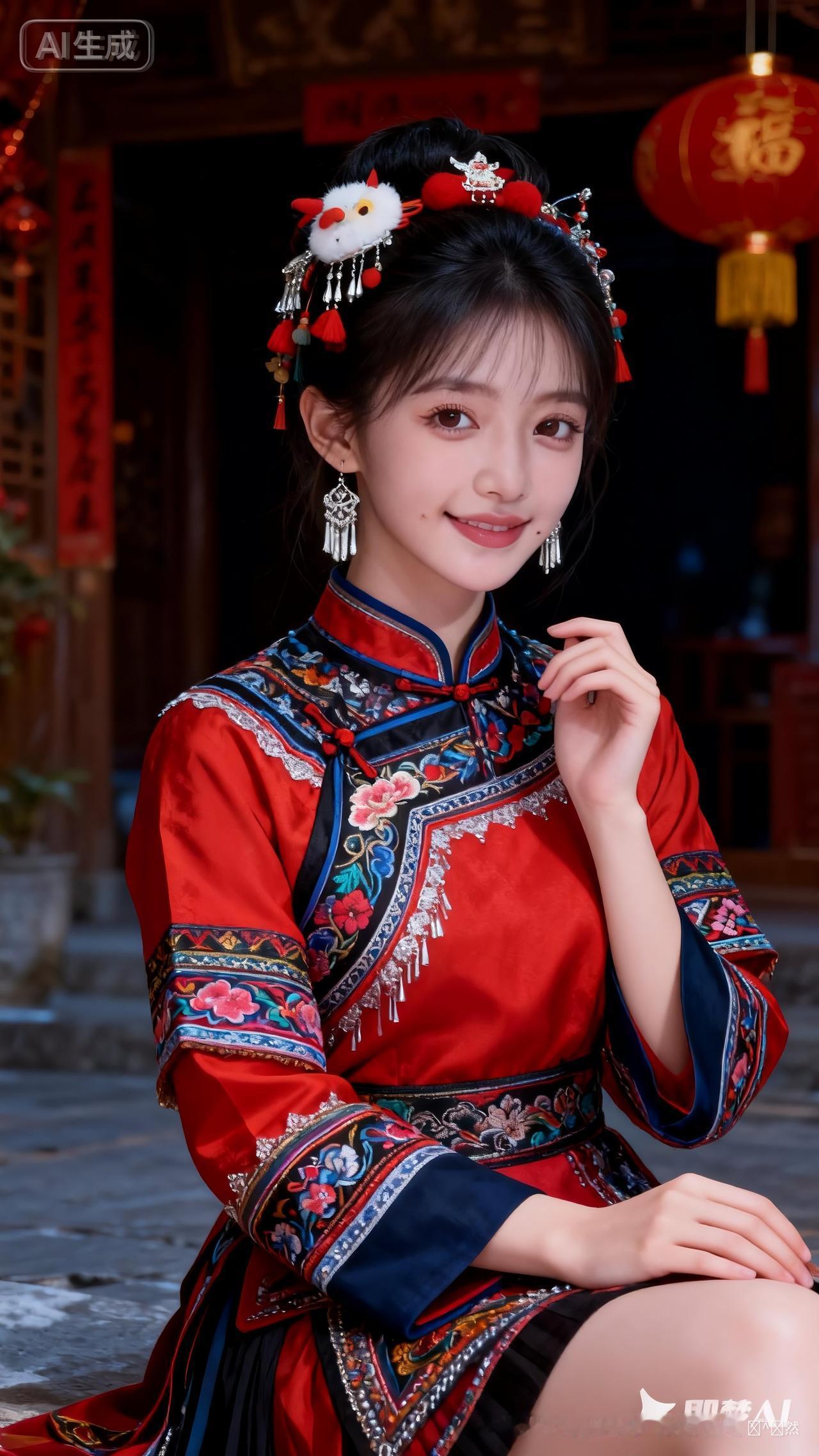 土家族少女着新年盛装配特色发饰，侧光飘乱发丝，慵懒俏皮纯欲感，电影光影写实写真，