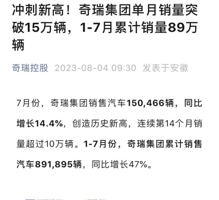 奇瑞牛啊，大破15万辆
这完全就是去年比亚迪的走势，奇瑞理应获得更多的关注！