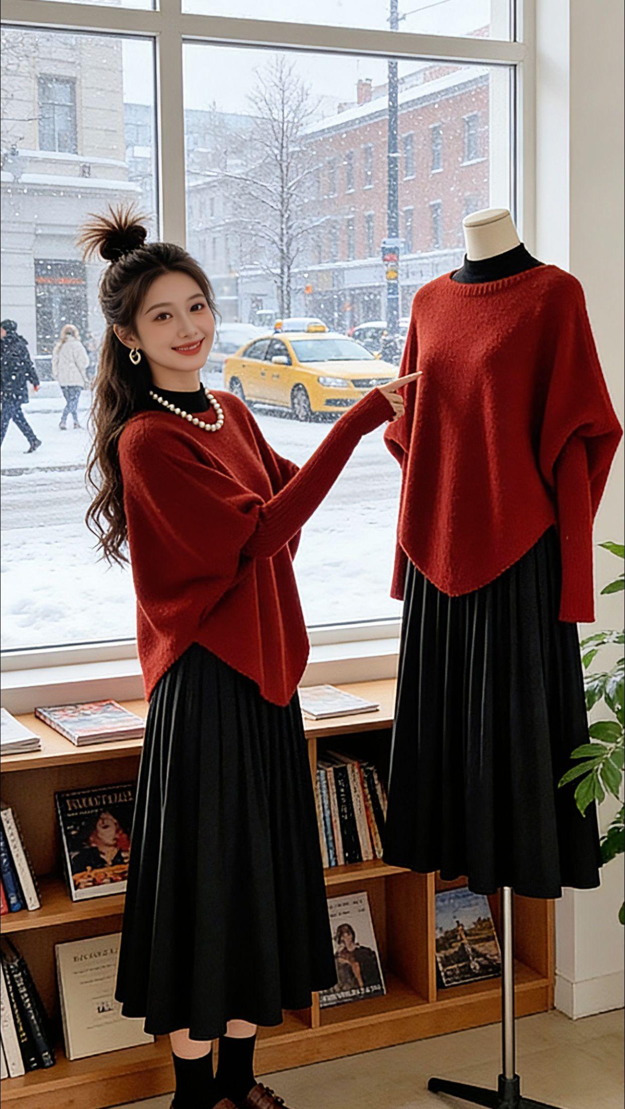 降温的冬天，Danny这套红黑针织套装太让人种草啦。软fufu的红色针织衫搭垂感