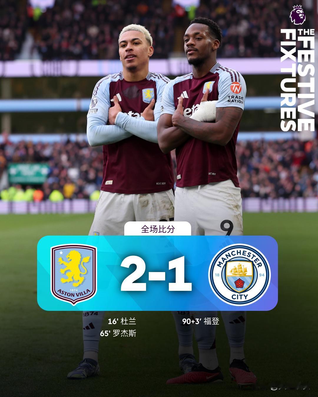 全场比分 | 阿斯顿维拉 2-1 曼城
开场第1分钟，奥尔特加先后扑出杜兰的单刀