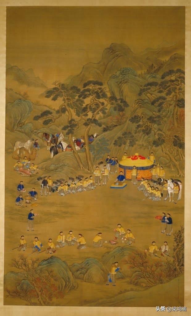 这幅画作是清代宫廷画家郎世宁创作的《乾隆皇帝围猎聚餐图》轴。 

作者： 郎世宁