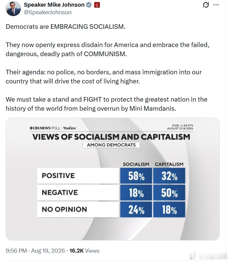 议长约翰逊：民左党人正在拥抱社*主义。如今，他们公开表达对美国的鄙视，拥抱那条已
