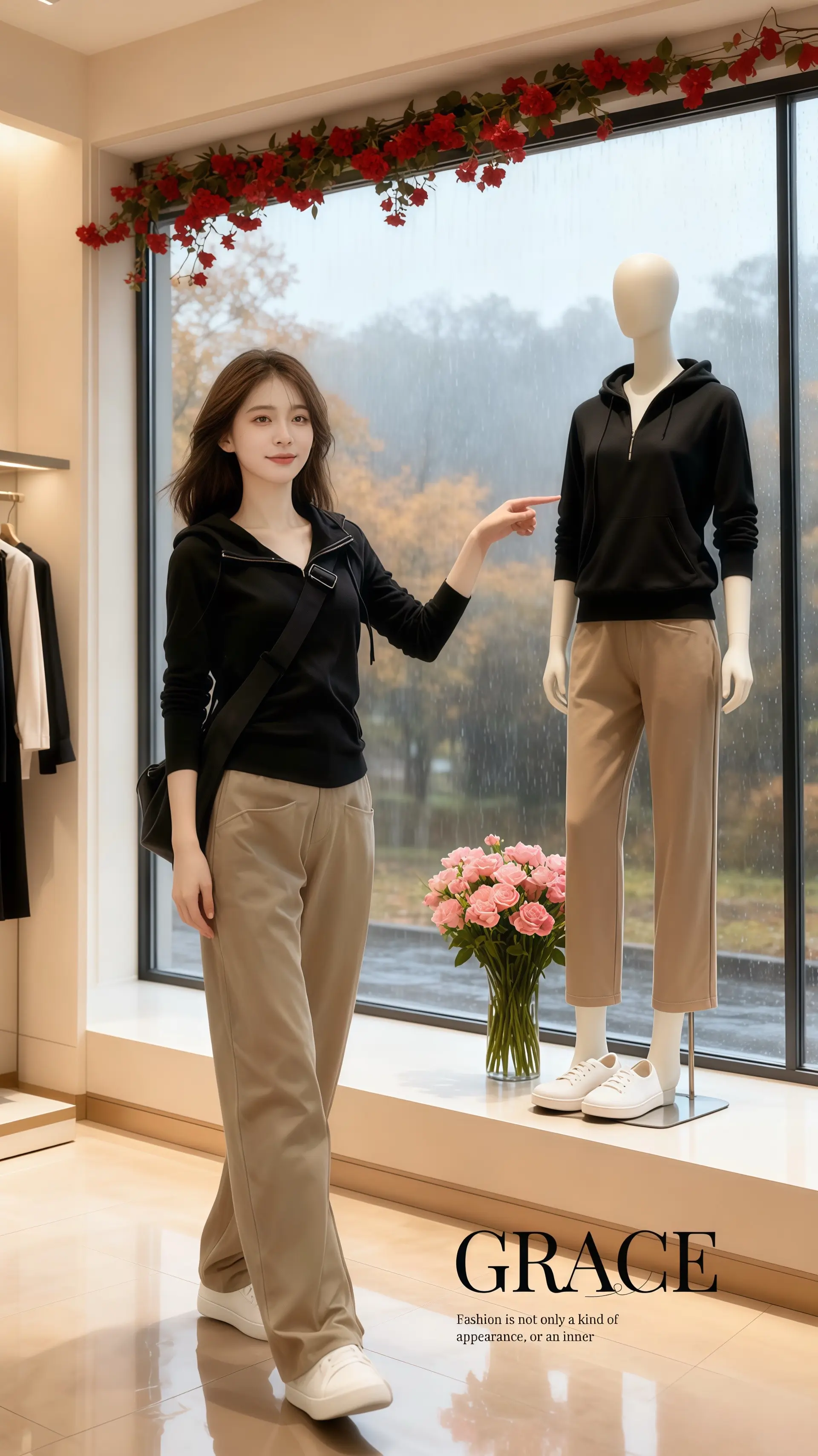 她穿着秋季卫衣弯刀裤两件套，在浅色系精品女装店的落地窗前，成了秋日里一...