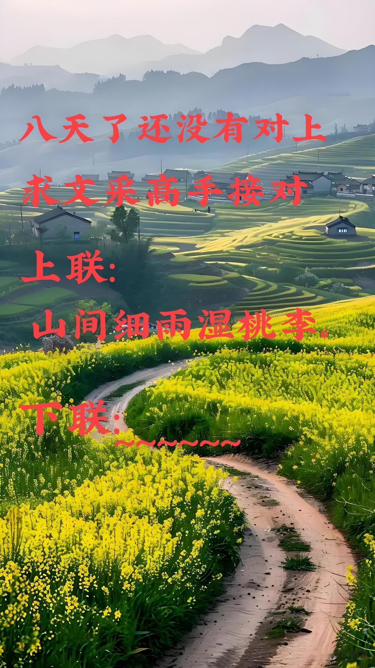 八天了还没有人对上对联 

求文采高手，接对对联飞花令 

上联：山间细雨湿桃李