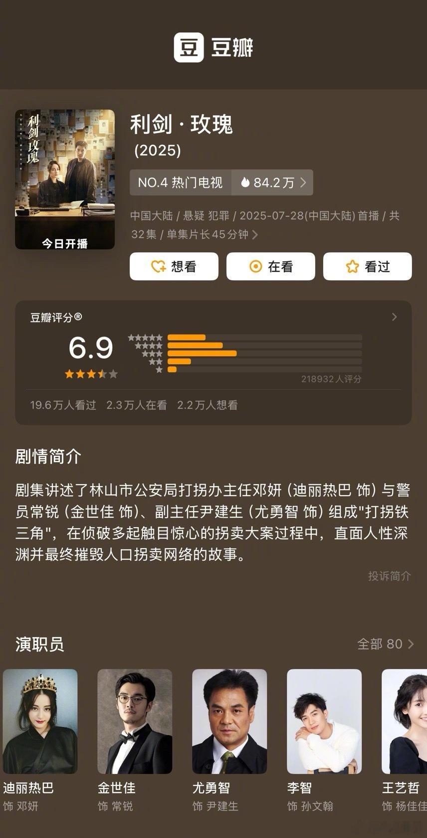 迪丽热巴、金世佳《利剑玫瑰》豆瓣开分6.9分 ​​​