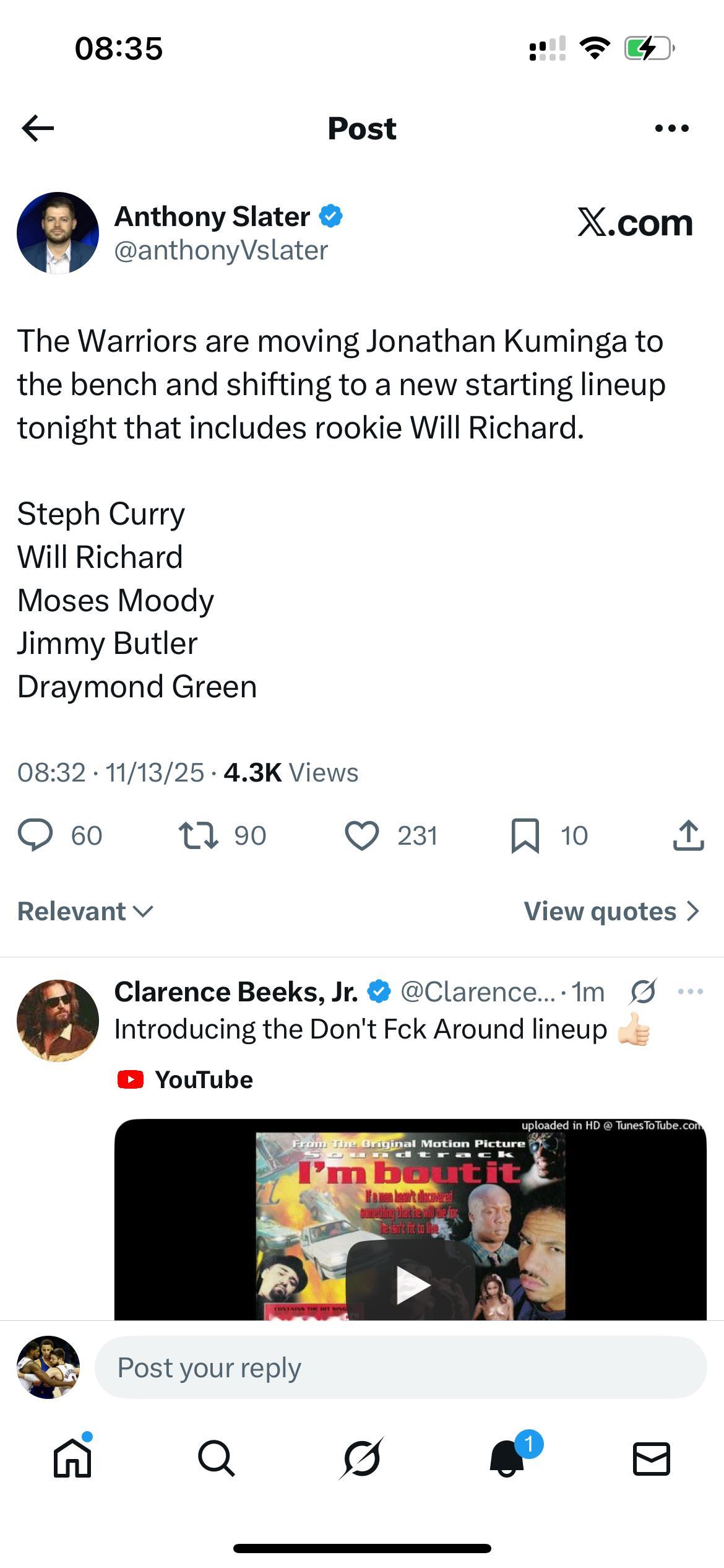 今天大变阵，理查德首发出场，库明加下到替补首发：库里，理查德，穆迪，巴特勒和追梦