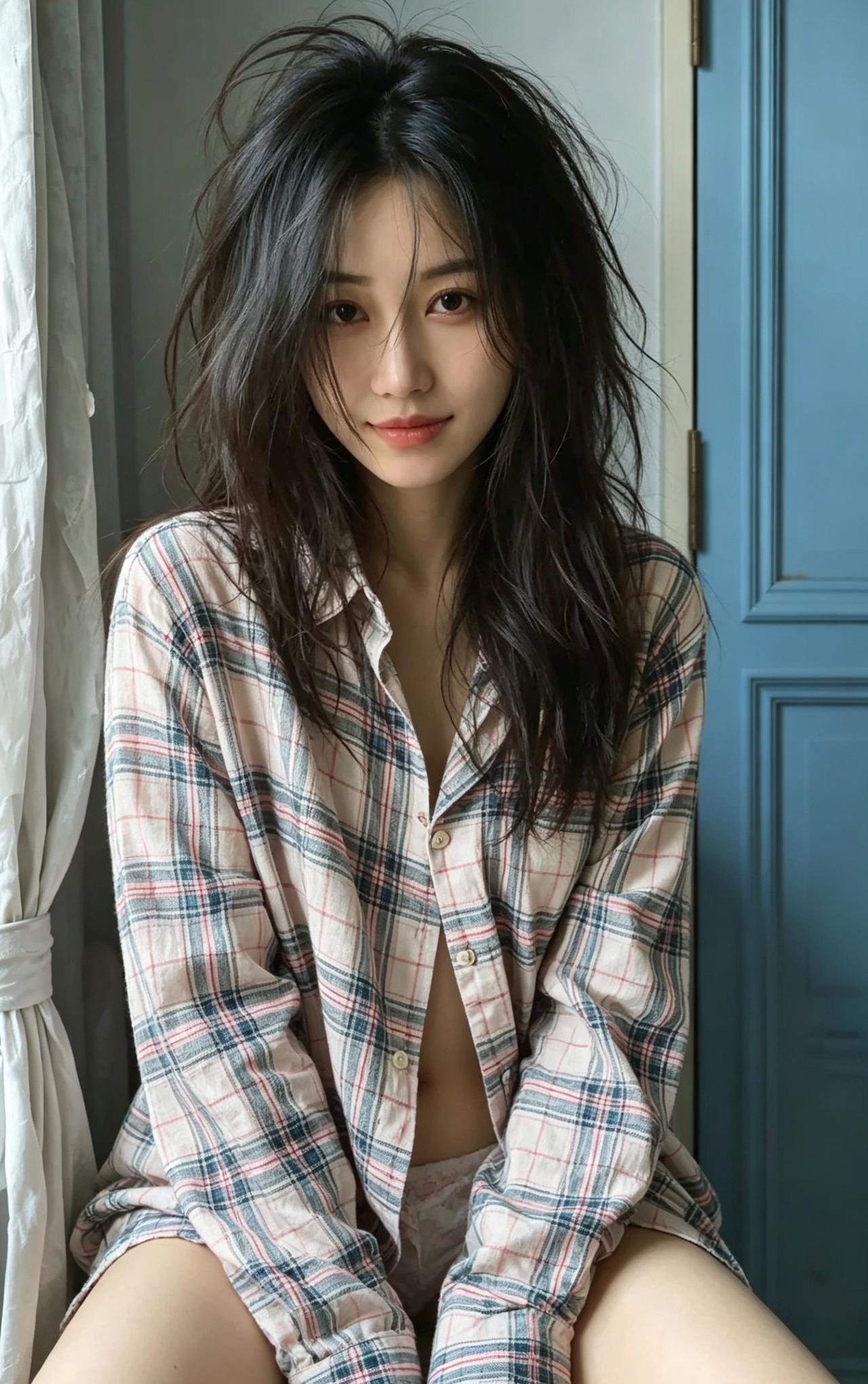 松窗闲卧素衣轻，云鬓慵疏媚自生。
莫道尘间无绝色，一眸温柔胜繁星。