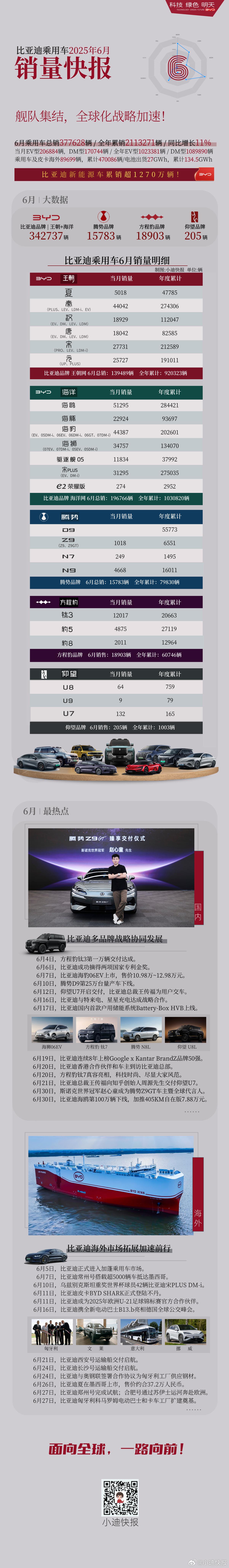 [加油]比亚迪乘用车2025年6月销量明细6月比亚迪乘用车累计销售377628辆