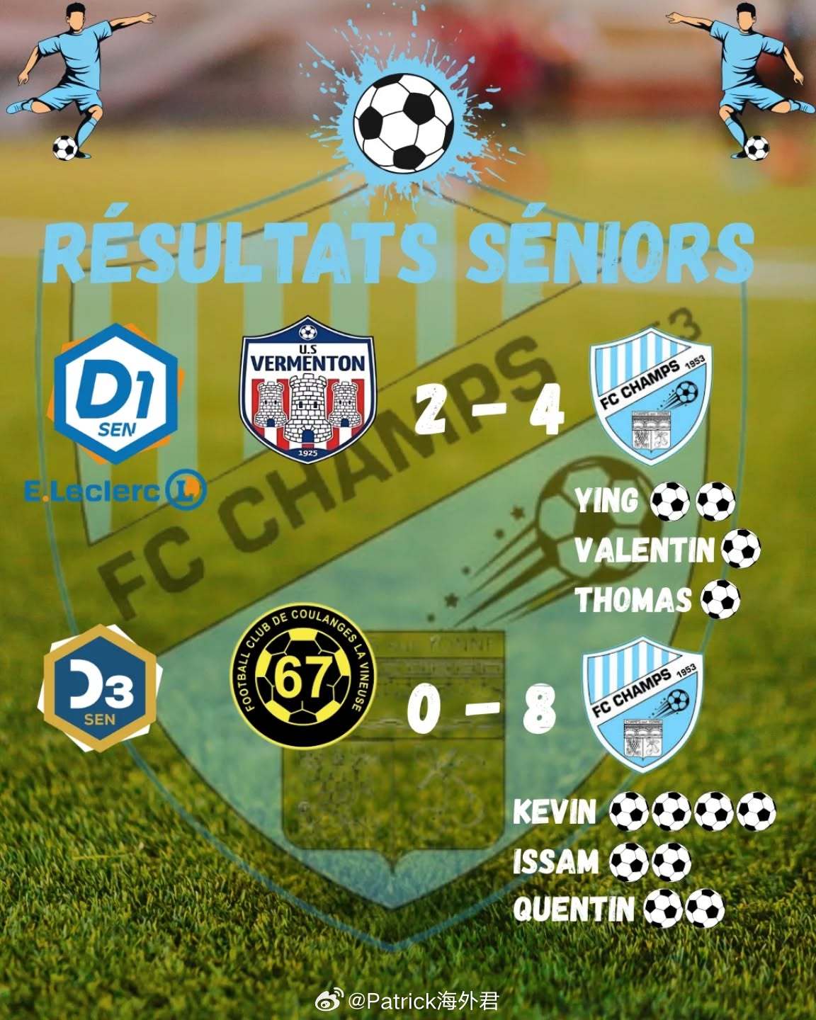 应淏轩 梅开二度。2026年3月22日，法国第9级别联赛（约讷省）第14轮，尚F