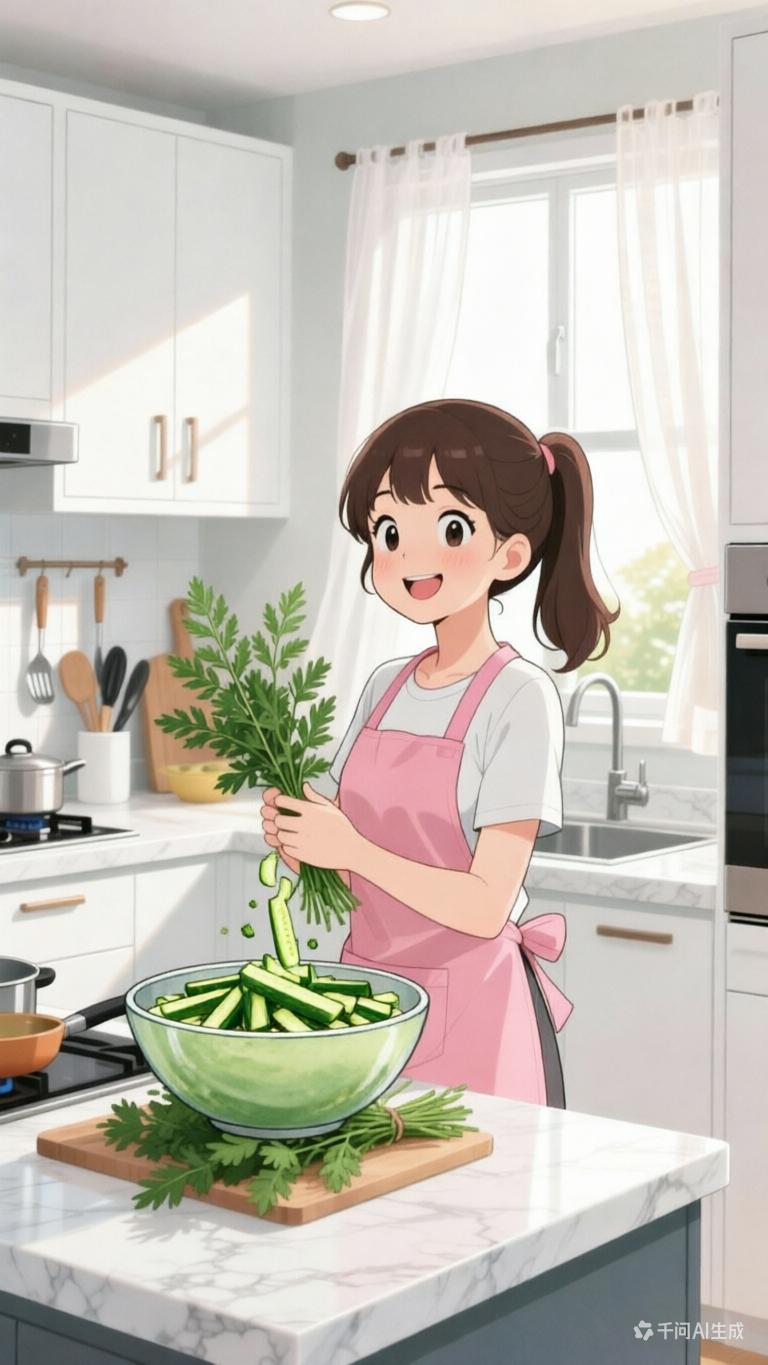 阳光洒进厨房，少女与新鲜蔬菜的温馨时光🌞🥗