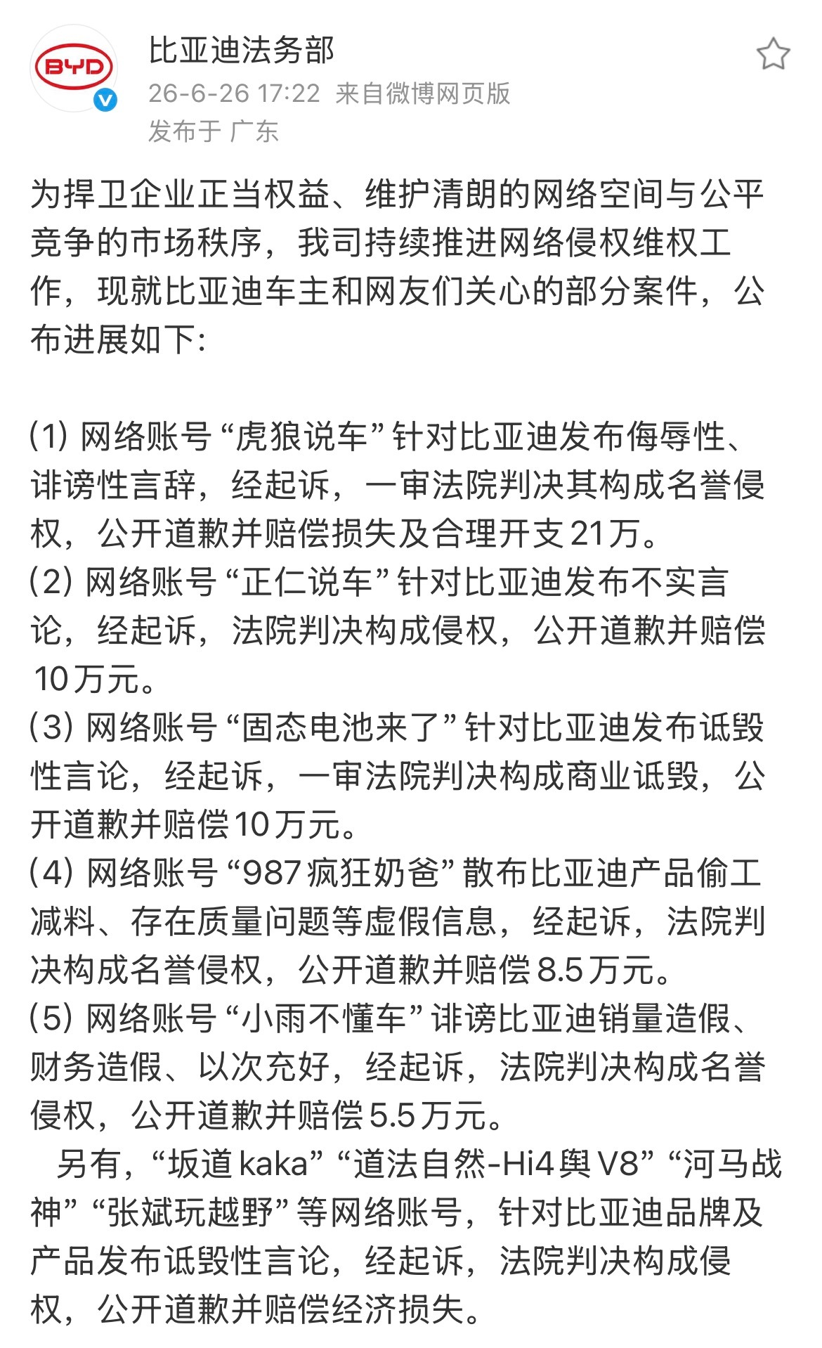 坚决捍卫品牌名誉和尊严，向黑公关说不！比亚迪法务部又公布多起网络侵权案件判决进展