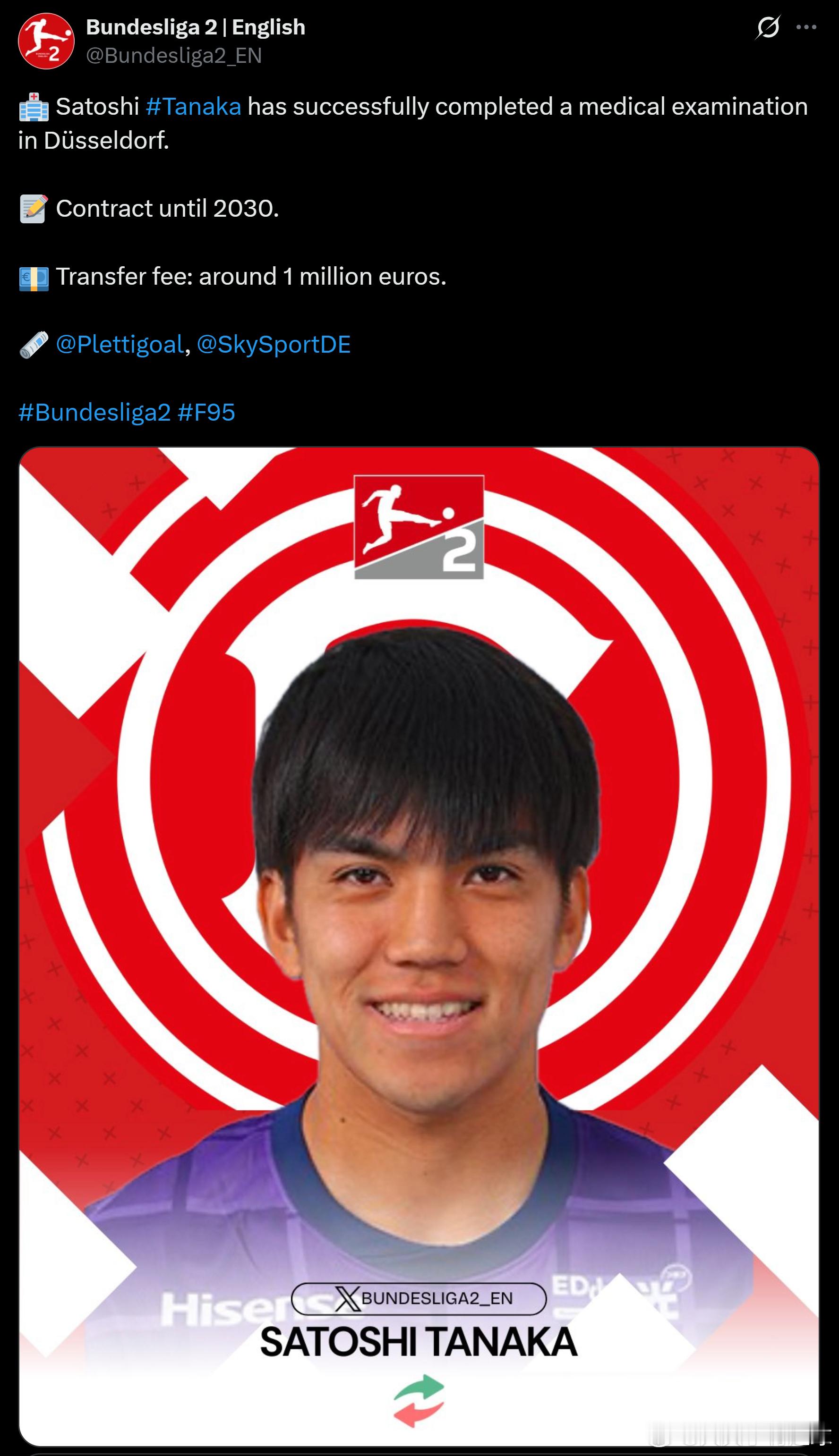 【海外挑战】 据悉，田中 聡（Satoshi Tanaka，Sanfrecce広