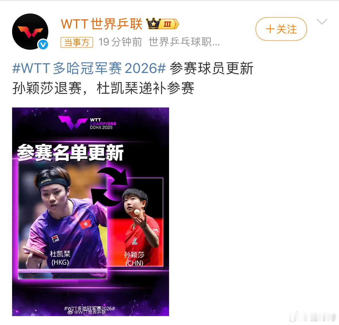 孙颖莎退出了26年1月的多哈冠军赛。莎莎好好养伤，下个赛场见！