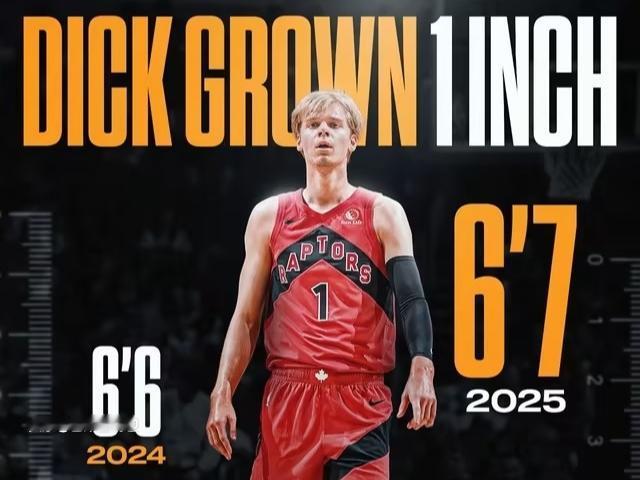 10月10日，NBA官方更新球员信息，猛龙队的格雷迪-迪克身高较上赛季再增1英寸