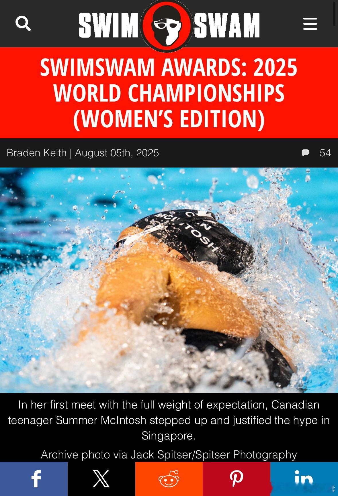 2025新加坡世界泳联世锦赛 SwimSwam Awards最佳运动员：🇨🇦