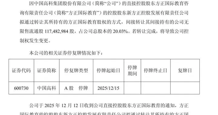 晚上公告拟易主，当日早上股票已涨停，中国高科回应异常波动