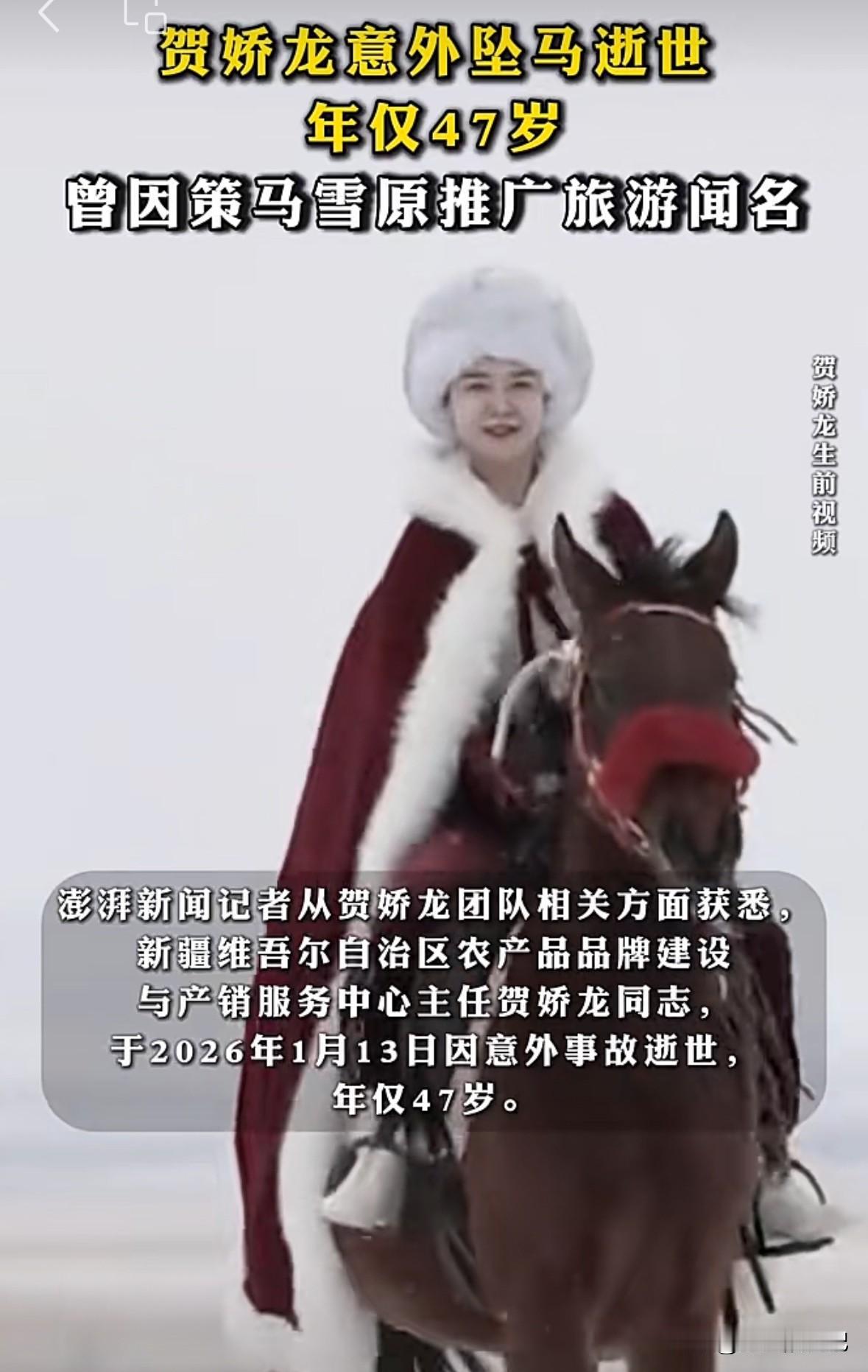 新疆贺娇龙工作期间，意外坠马，抢救无效去世，年仅47岁。

贺娇龙曾经任职新疆昭