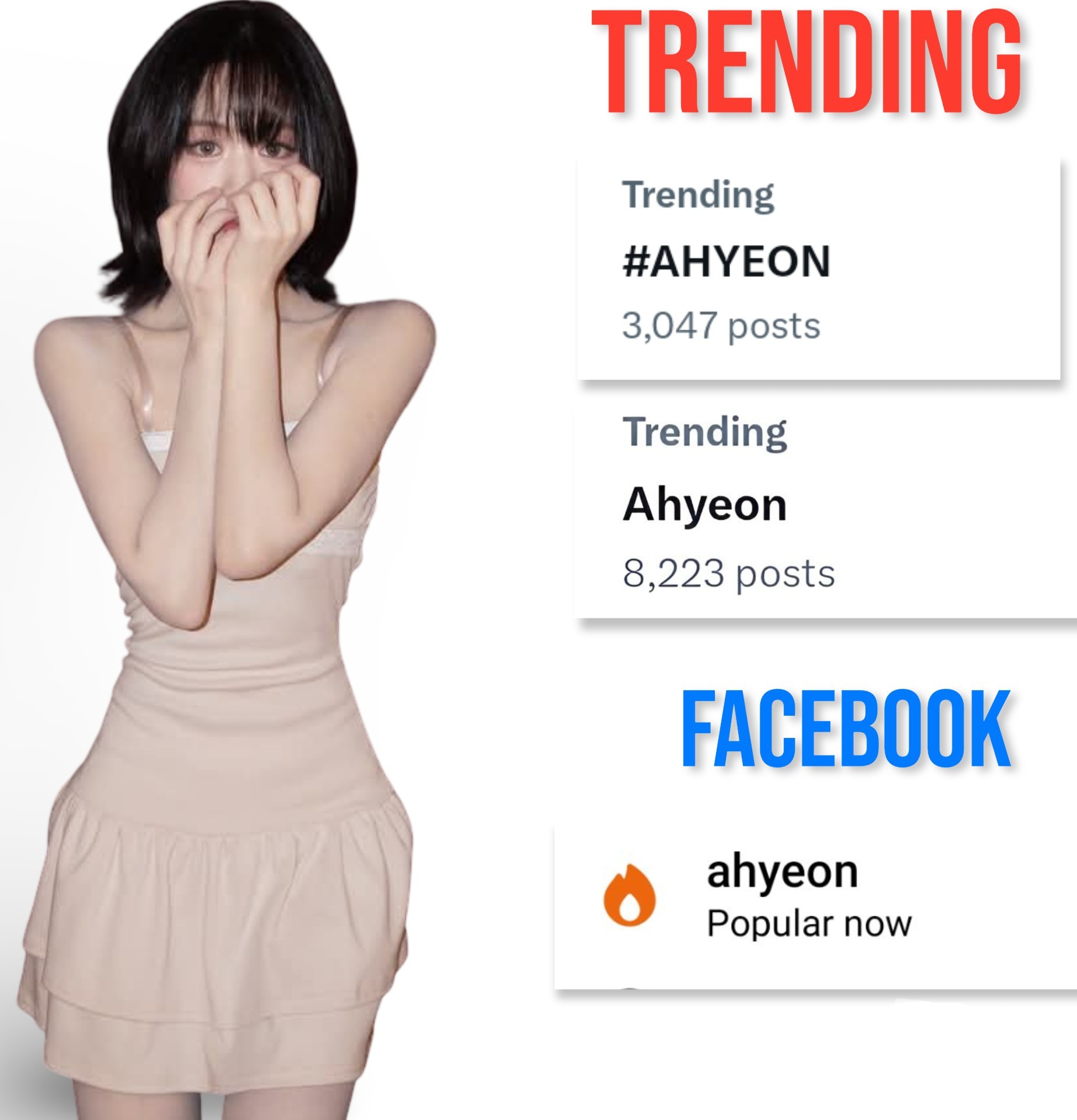 AHYEON目前正以两个关联话题标签登上X（推特）趋势，同时在Facebook也