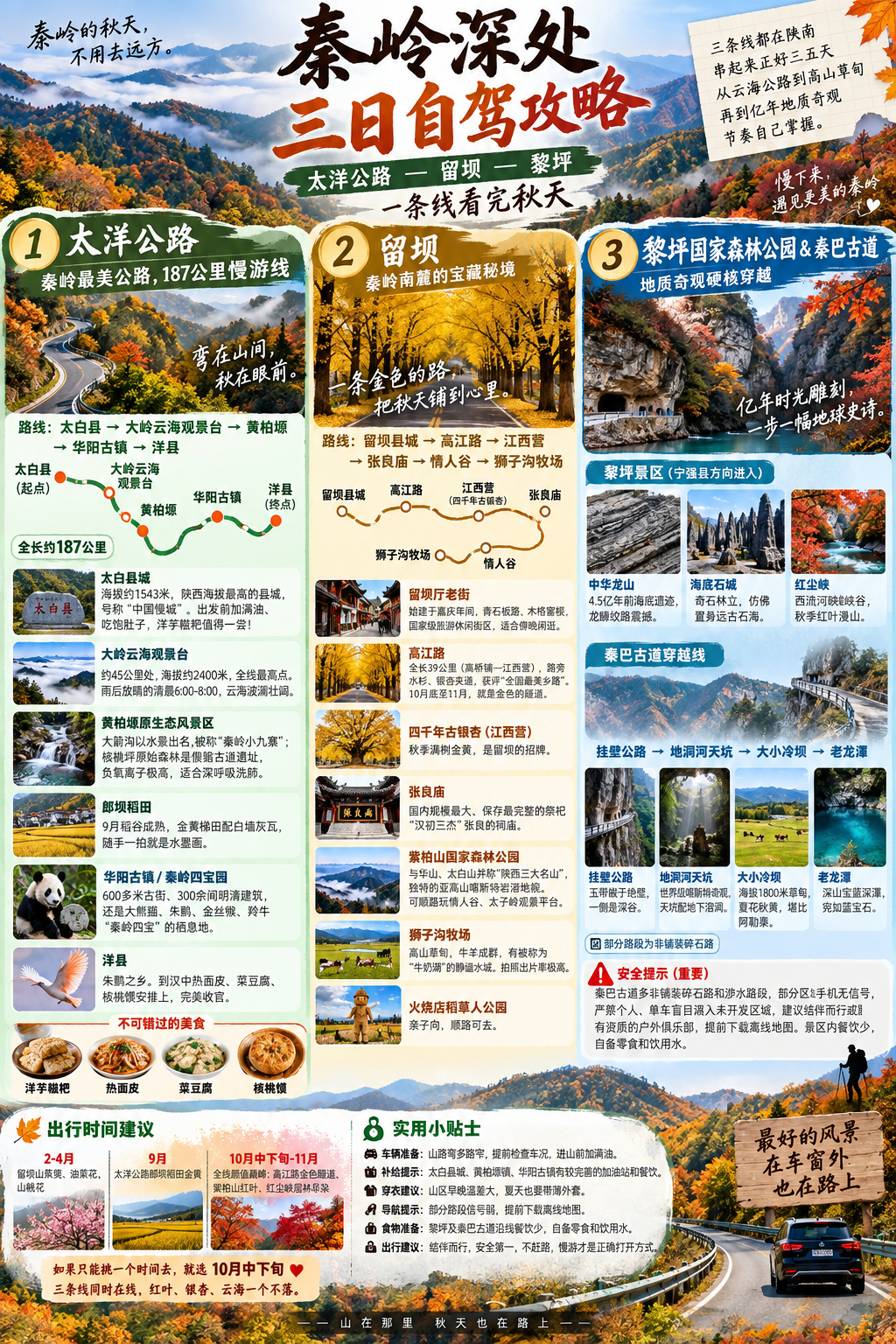 这三条线帮大家淌完了，建议每年的10月中下旬去，秦岭秋景在整个亚洲地区都属于天花