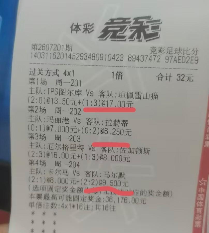 4场中了3场，这张票是不是非常可惜？要不然最起码1万8到手了。如果串一个“2、3