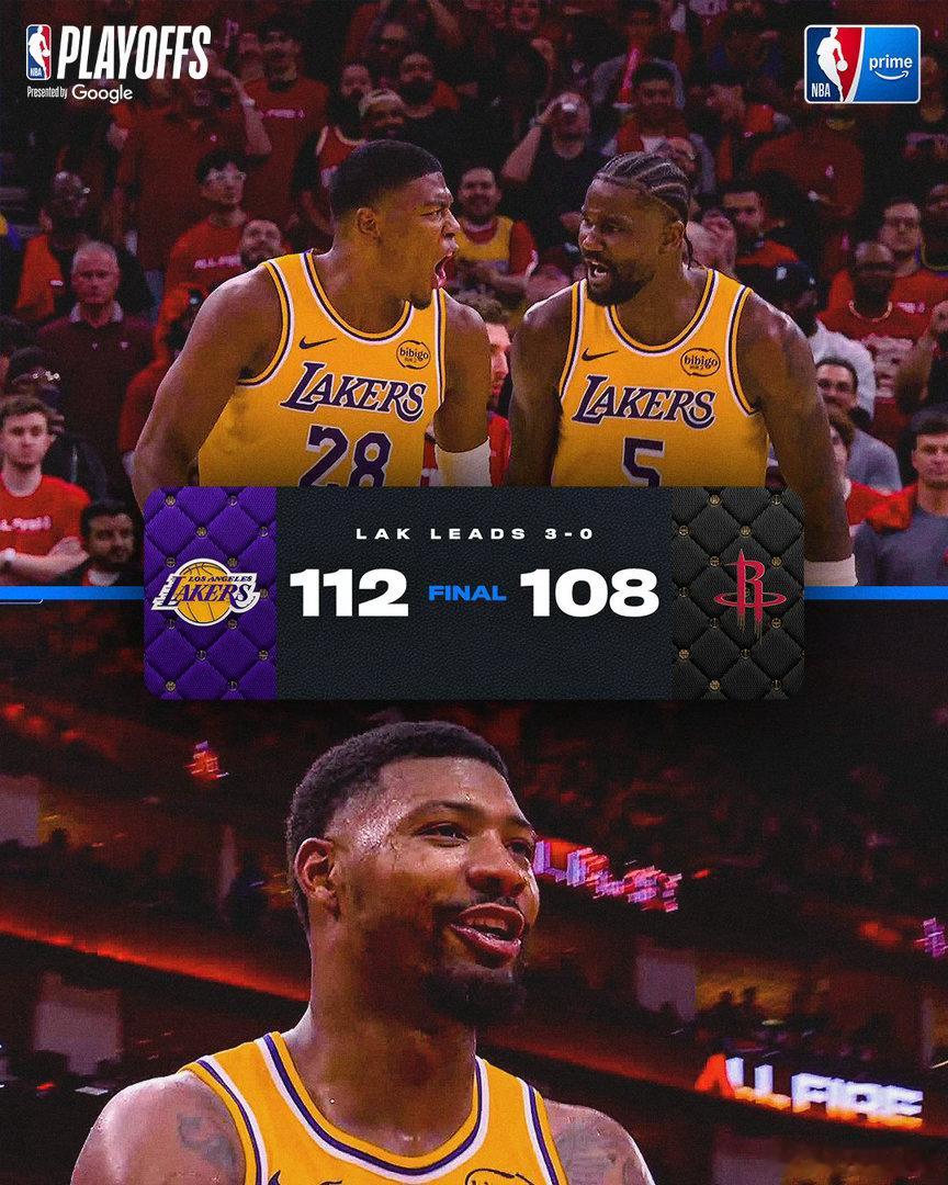 湖人3-0领先火箭，成为季后赛第一组3-0领先的系列赛。湖人季后赛开打前仅14%