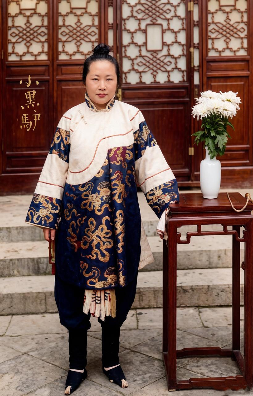 清末时期的一名中年女子，拍摄地是在一个大户人家的庭院中，女子面容丰润，神态端庄从