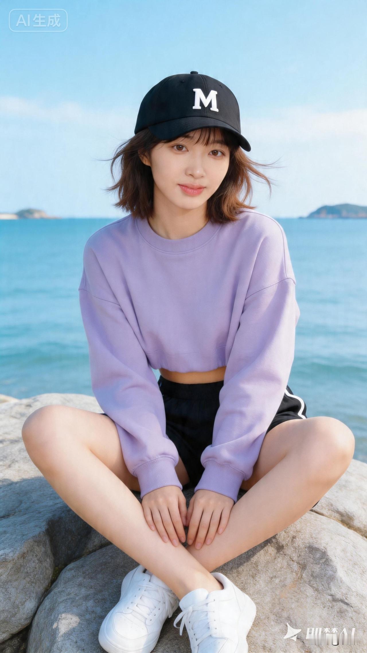 海边休闲穿搭，紫色毛衣配黑色短裤，轻松自在！🌊👗👒