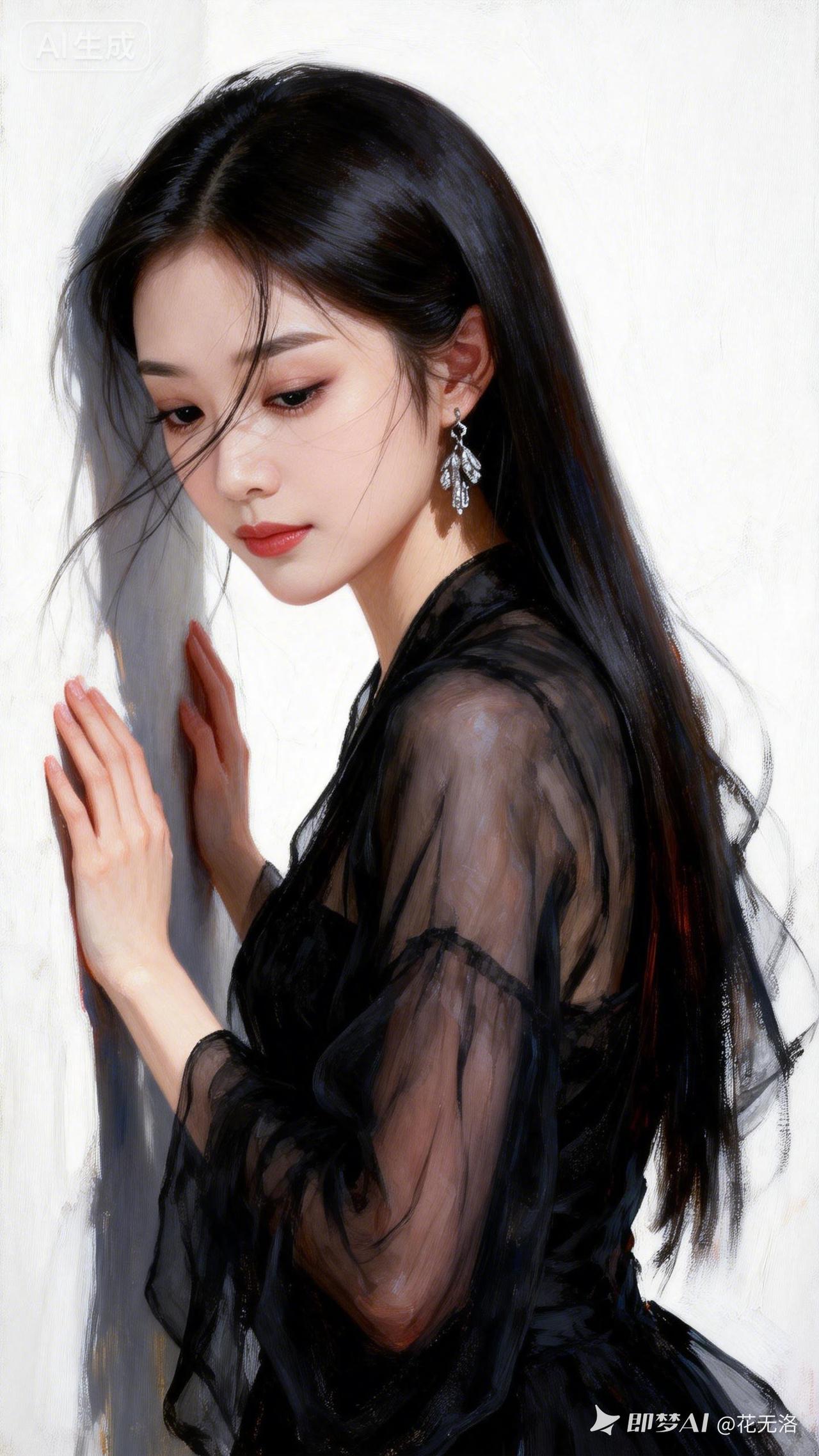 美女面部特写，桃花眼低垂清透冷艳，凌乱发丝拂面。强光下明暗对比强烈，细腻肌理，欧