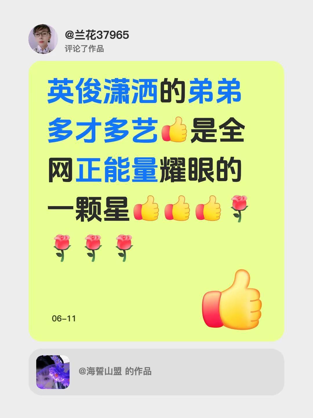 我评论了@海誓山盟 的作品：英俊潇洒的弟弟多才多艺是全网正能量耀眼的一颗星