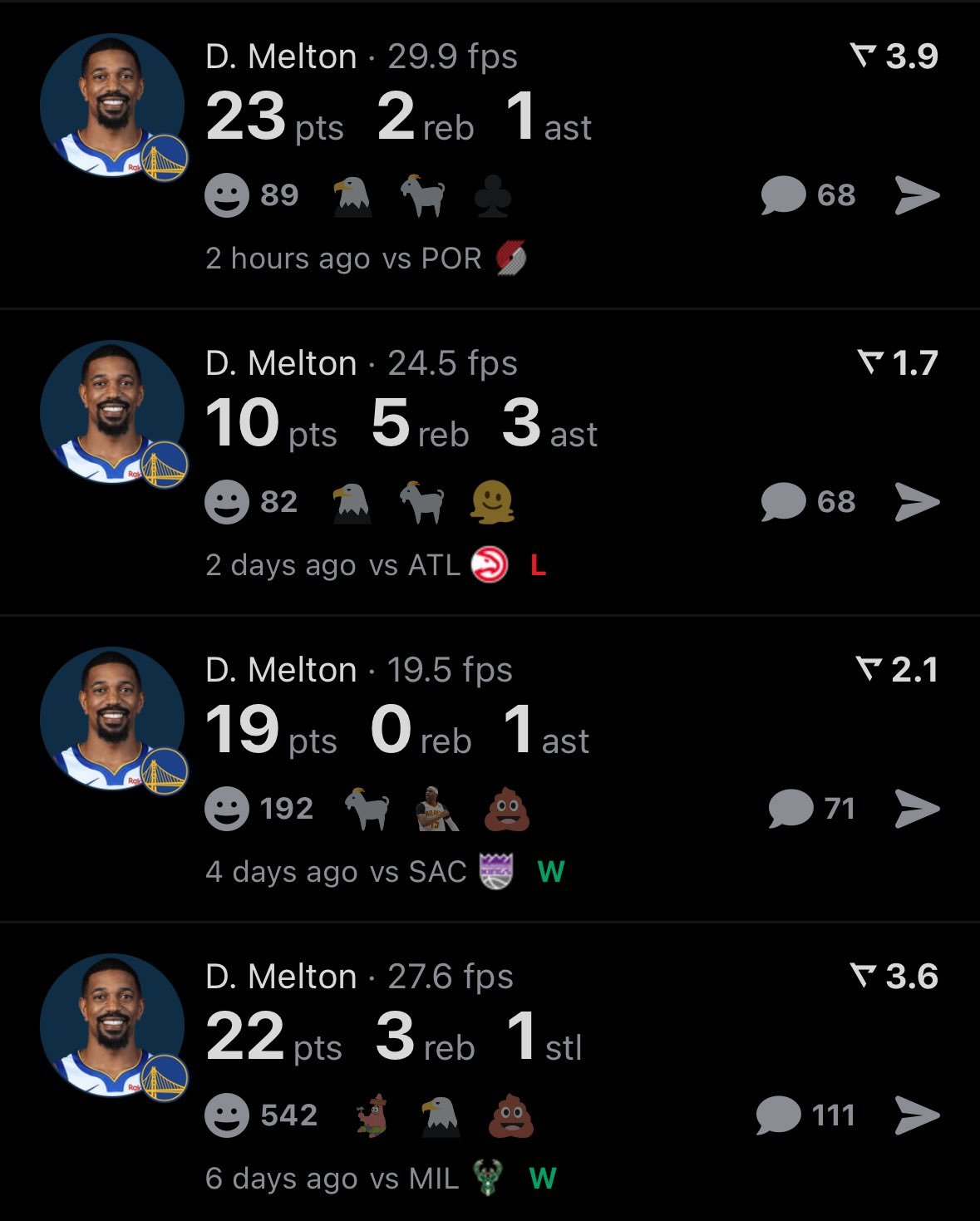 梅尔顿过去4场比赛的数据🔥开拓者vs勇士新赛季篮不住