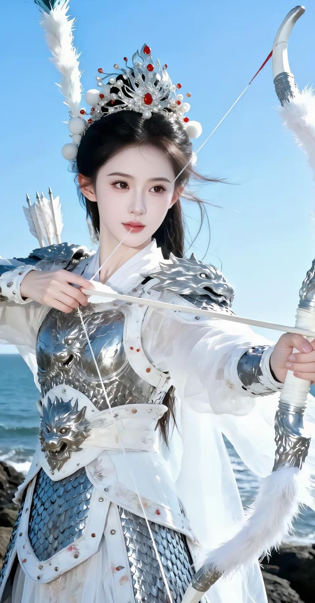 仙气飘飘的射箭少女，银装华服，海风轻拂，唯美瞬间定格！🌊🏹👸‍♀️