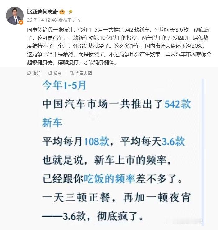 【比亚迪何志奇谈“国内今年 1-5 月共推出 542 款新车”：这竞争已经不是激