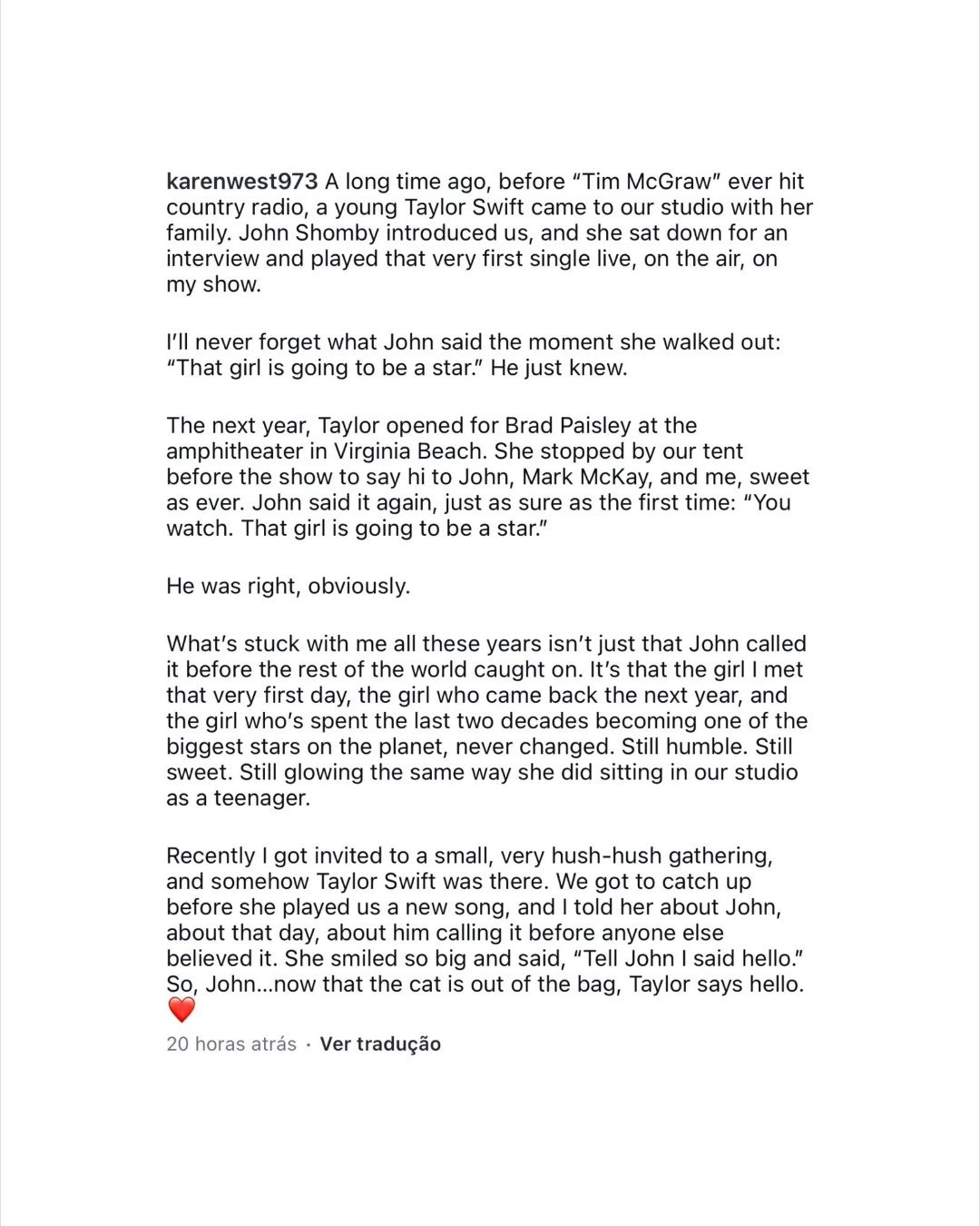 Karen West 最近与 Taylor Swift 再度相遇，并分享了一段关