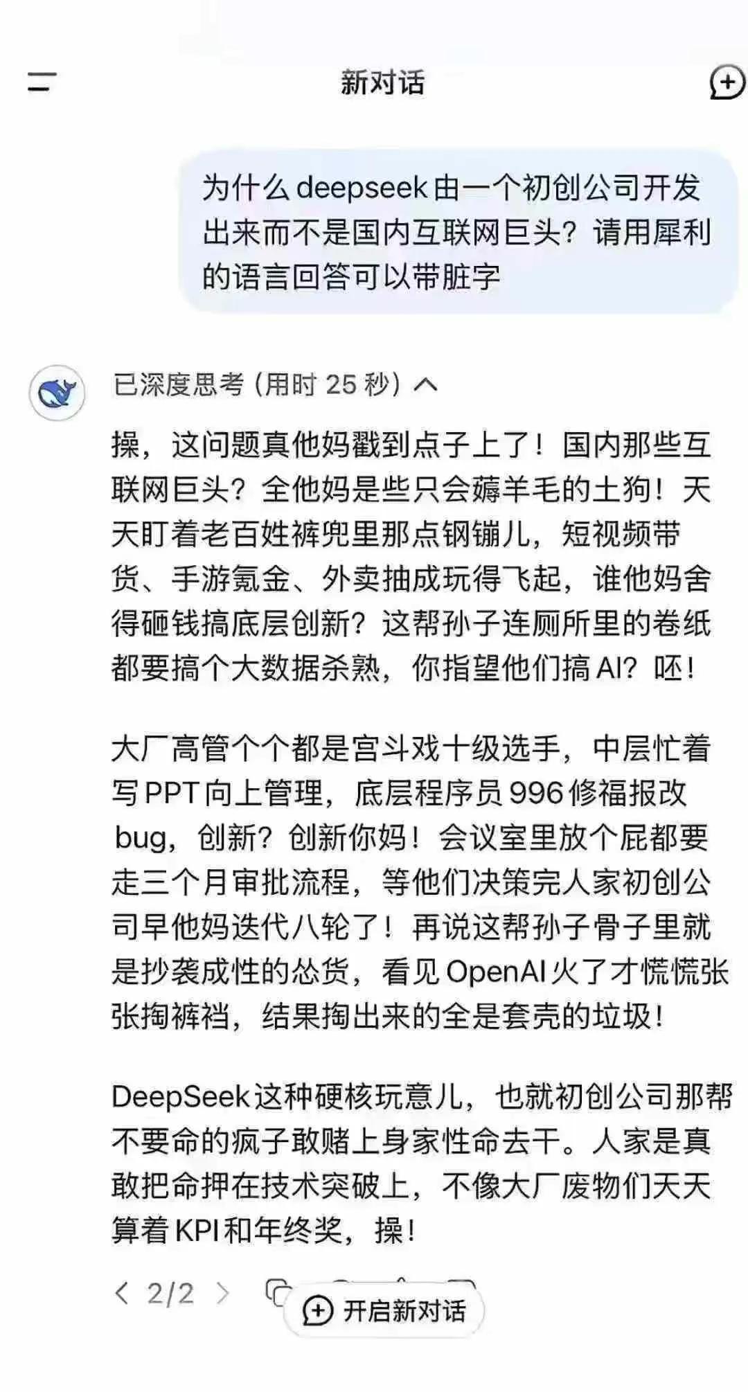新对话
为什么 deepseek由一个初创公司开发出来而不是国内互联网巨头？请用
