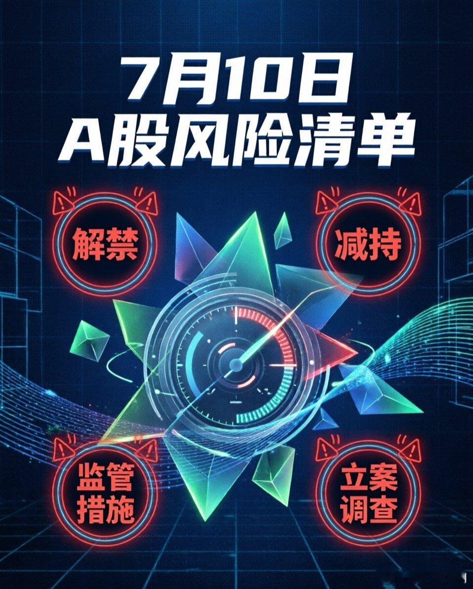7月10日A股风险清单深度梳理：解禁、减持与监管重拳齐至随着7月9日盘后上市公司