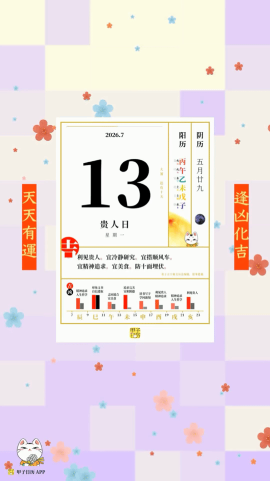 甲子日历 7 月 13 日，贵人日。利见贵人。宜冷静研究。宜搭顺风车。📆 星座