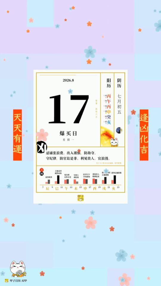 甲子日历 8 月 17 日，爆买日。忌铺张浪费。出入谨慎，防劫夺。📆 星座人生