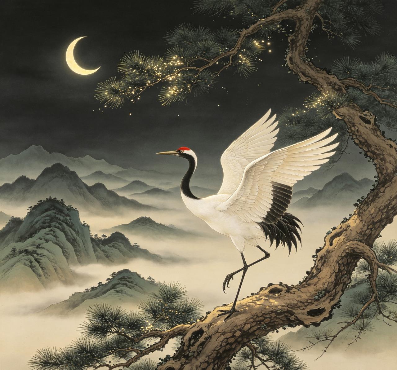 下联：龙吟海浪水云喧

赏析：此联以“龙吟”应“鹤舞”，一刚一柔，暗合阴阳相生之