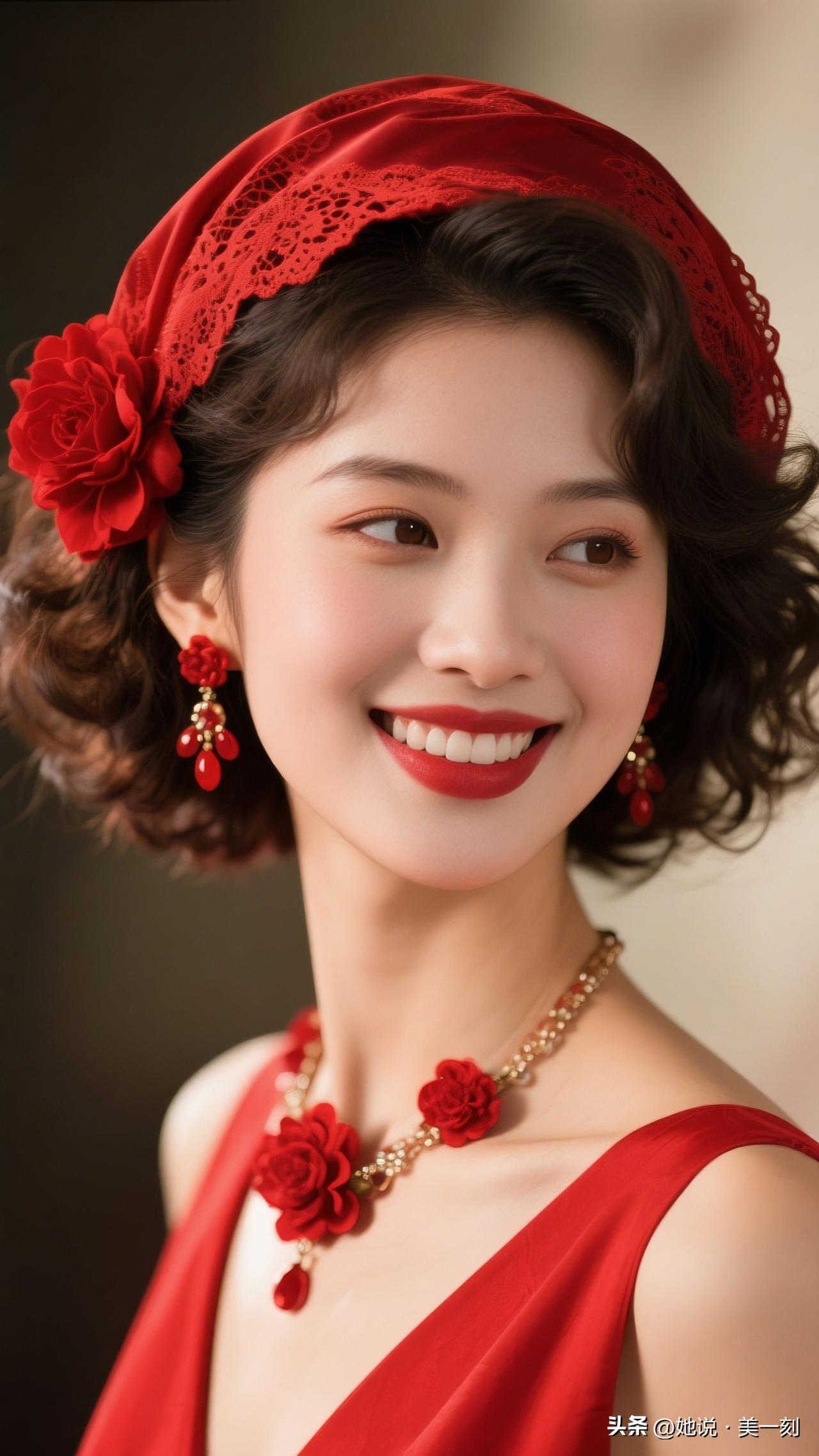 复古红裙美人，绽放迷人笑容。黛玉有多美