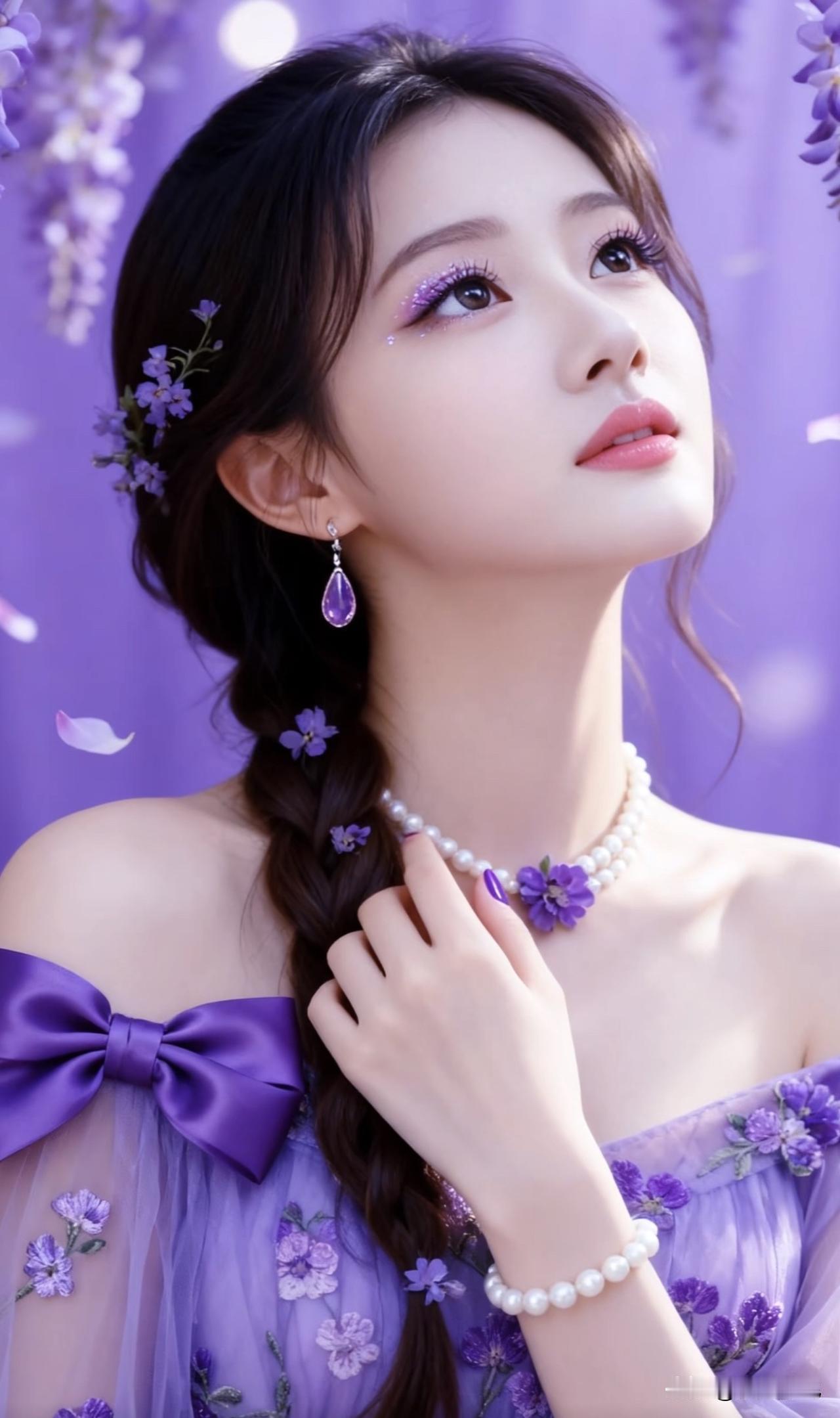 梦幻紫色仙境，甜美少女风，紫色花朵与珍珠的完美搭配，温柔优雅。紫色梦幻感 紫色少