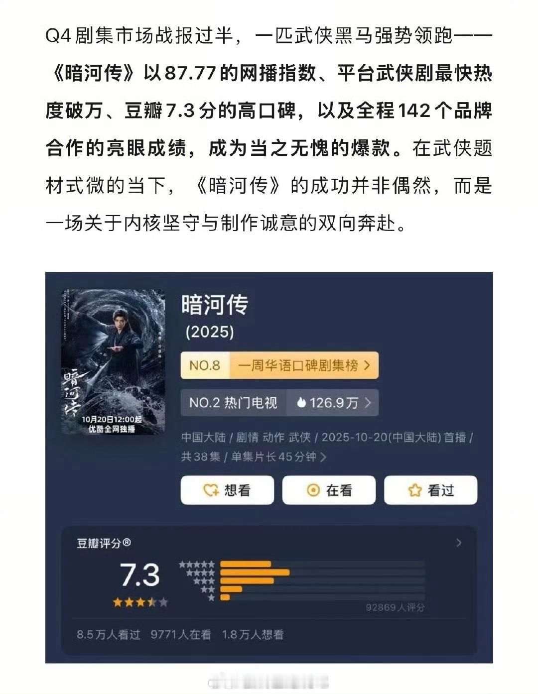 V榜认证龚俊领衔主演《暗河传》是Q4当之无愧的爆款剧集呀！