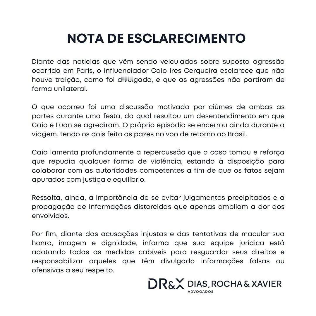 Caio Cerqueira通过律师事务所发布声明律师函，澄清自己并未出轨，且袭