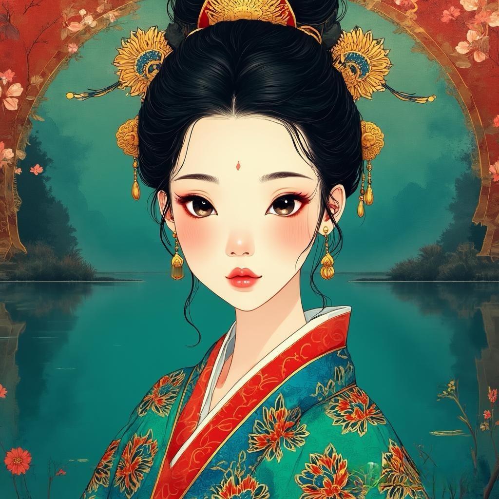 很久没玩AIGC了，闲来无事，画了几张景泰蓝风格的女孩，这次用了一款比较冷门的大