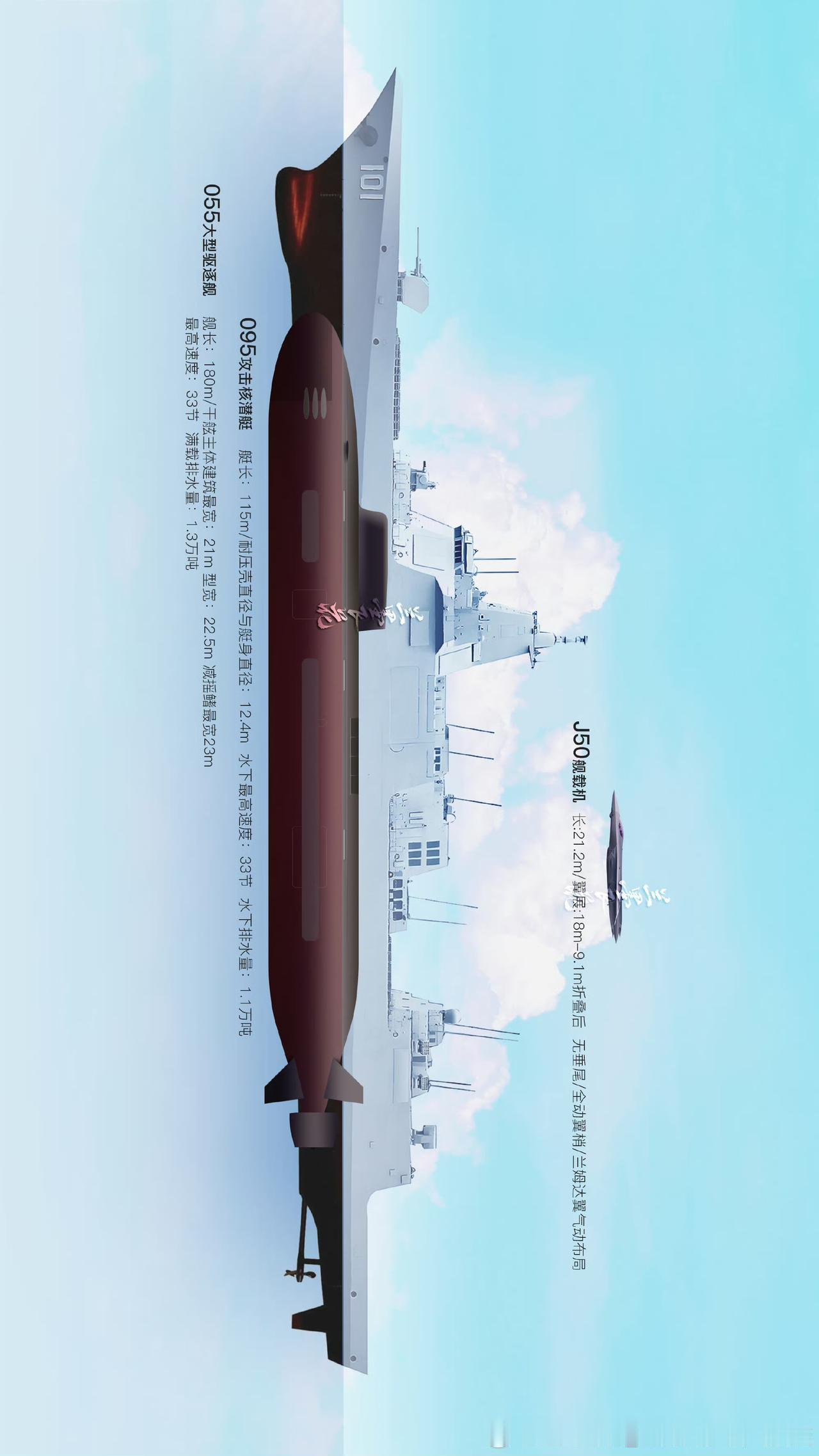 新画了095攻击核潜艇的侧视图 

包括与055大驱与美国弗吉尼亚攻击核潜艇，海