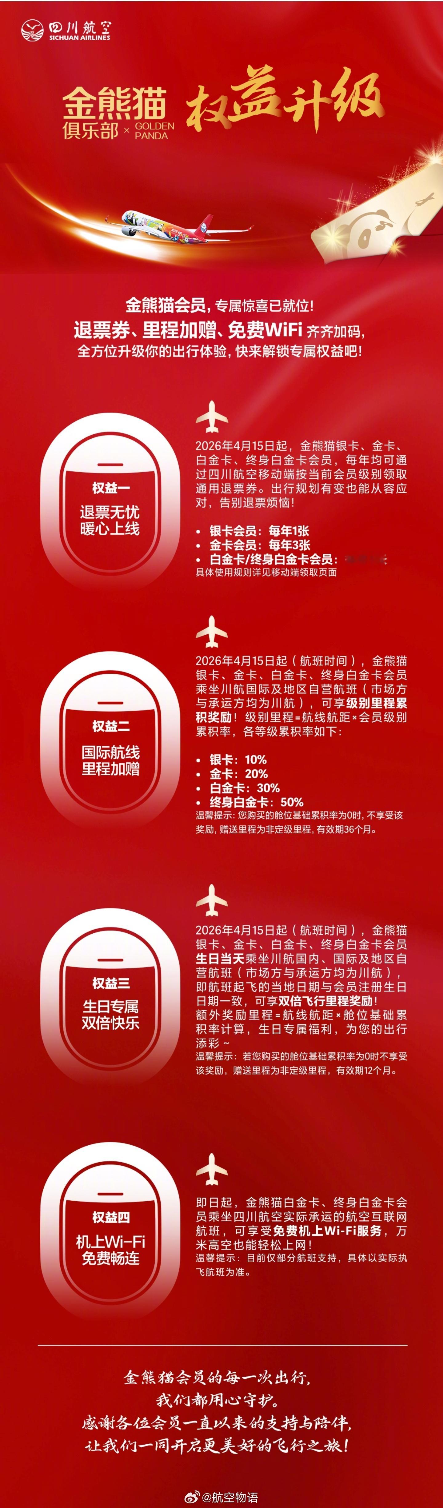 川航APP公告，4月15日起，金熊猫指定卡会员将享有4项新权益，包括退票券、国际