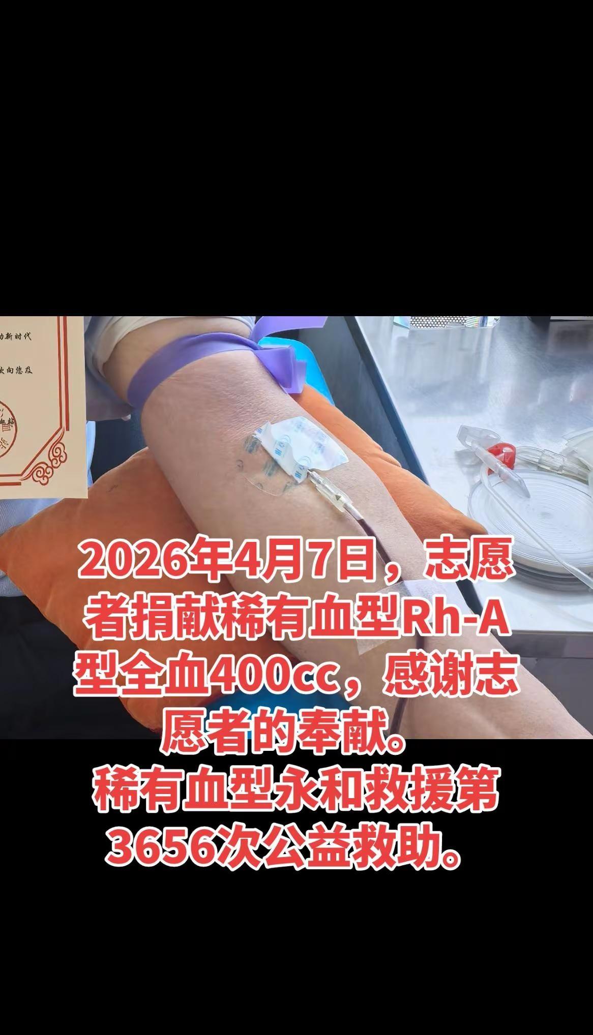 熊猫血救助。稀有血型永和救援日常记录 2026年4月7日，志愿者捐献稀有血型Rh