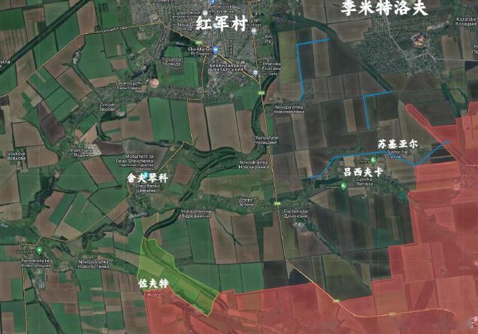 日前佐夫特的俄军继续沿着铁路向红军村进发，而西南边的乌军现在依旧没有成型的工事群