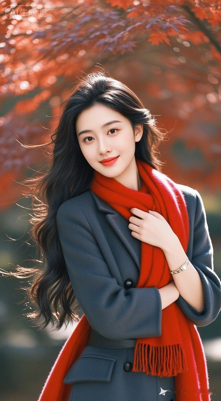 秋日暖阳下的红围巾少女，温暖如初。🍂💖