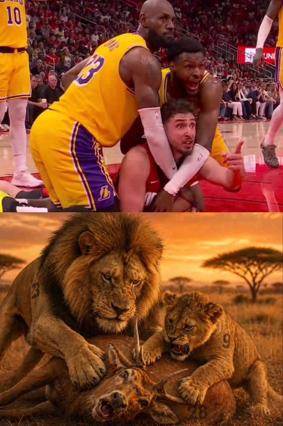 又是一副世界名画，詹姆斯和大儿子布朗尼联手在申京手里拿回球权。湖人vs火箭湖人3