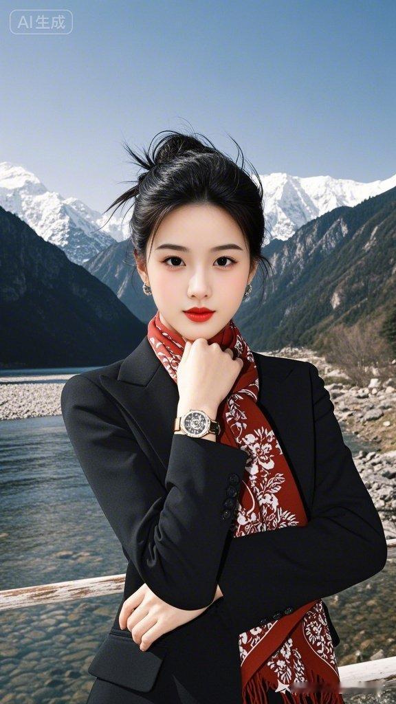 优雅美人盘发柔顺利落，冷白皮衬精致妆容，浅笑温婉。黑外套搭红花红围巾，左手轻触围